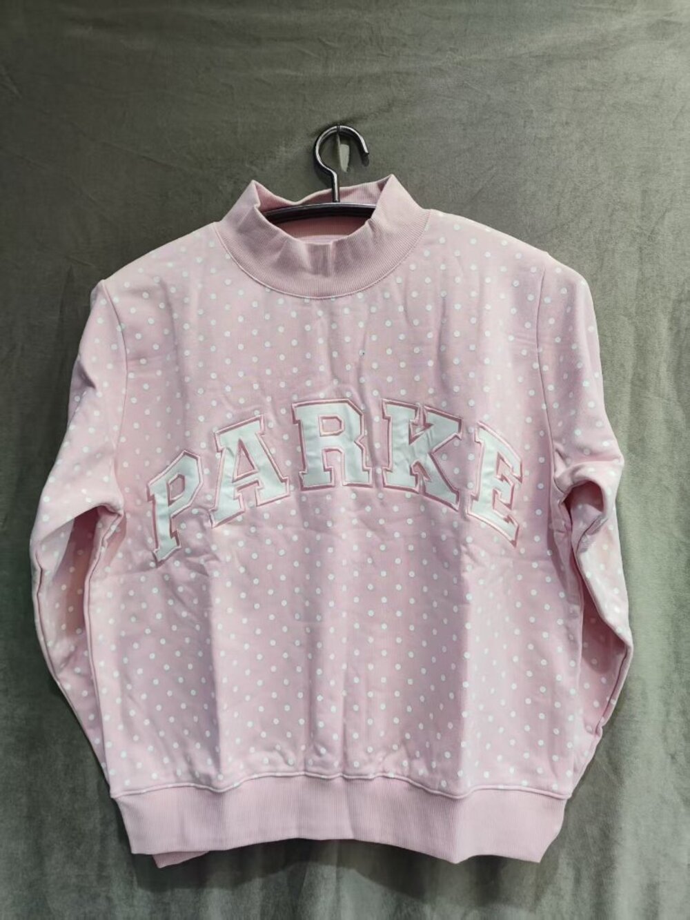 Parke White Polka Dot Varsity Letter Mock Neck Pink Sweatshirt